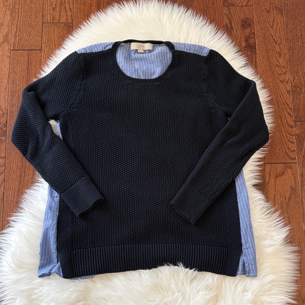 Ann Taylor LOFT Cotton Stripe Back Mixed Media Sweater Sz Small Forever Navy EUC